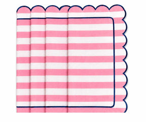 peony Pink and navy blue striped cotton napkin with decorative scalloped edge trim, elegant cloth table napkin for dining table settings