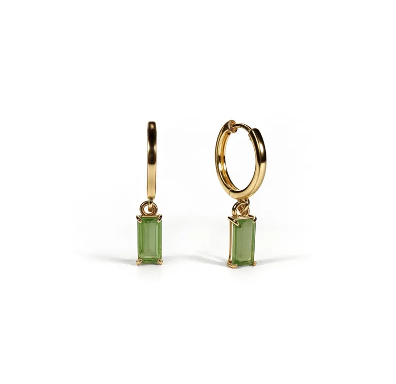 18K gold peridot huggie earrings with baguette-cut zircon stone
