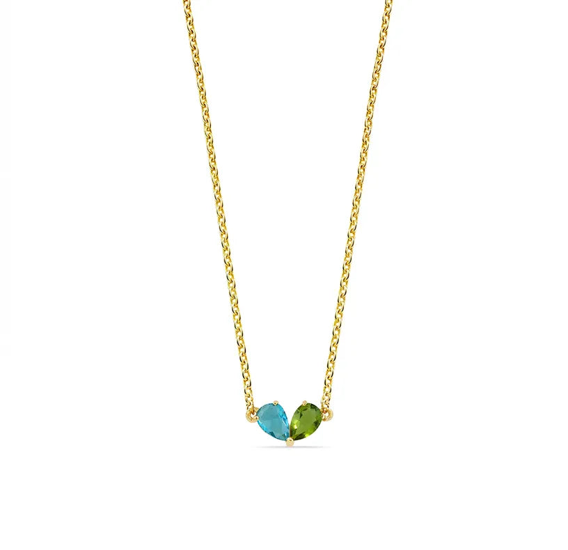 Lightweight toi et moi pendant necklace with pear-cut Ocean Topaz and Peridot stones