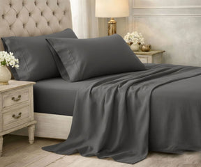 Gray cotton bed sheet set in modern bedroom setup