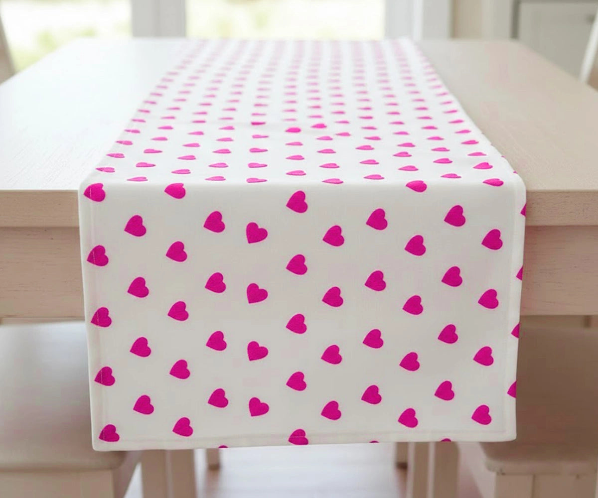 Pink heart printed cotton table runner, soft romantic Valentine’s Day table decoration