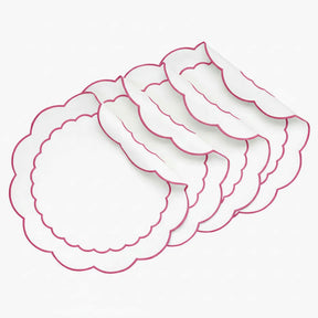Pink round scalloped cotton placemat with delicate peony embroidery for a soft, elegant table setting