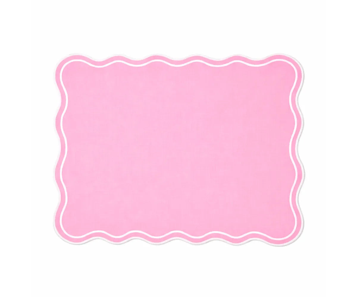 Reusable cotton rectangle placemats in neutral beige with white scalloped edging for table settings