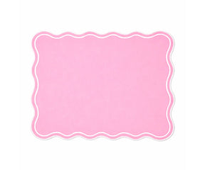 Reusable cotton rectangle placemats in neutral beige with white scalloped edging for table settings