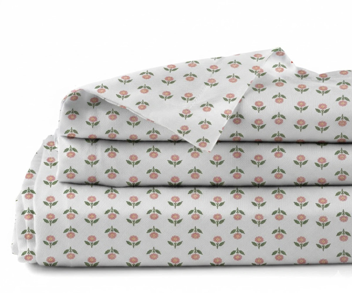 pink floral percale printed linen bedsheet showing soft texture and breathable fabric