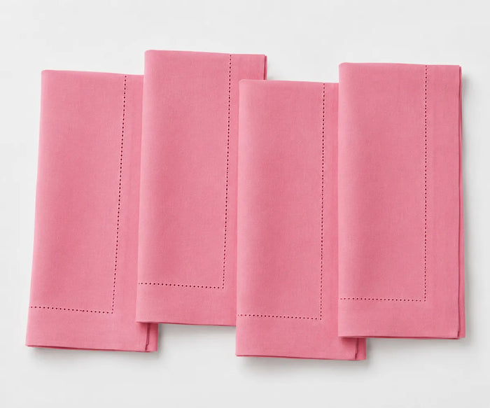 Soft pink cotton hemstitch napkins, reusable washable cloth dinner napkins for weddings, parties, festive tables, and elegant everyday dining.