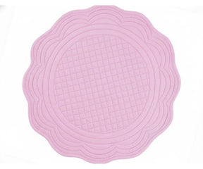 Pink quilted cotton round placemat with scalloped edge for soft romantic and Valentine table décor