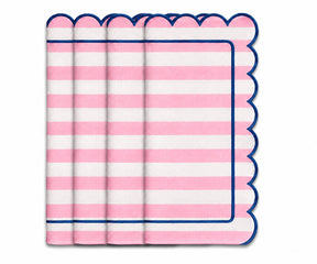 Pink and white striped cloth napkin with scalloped edges and navy trim for elegant table settings