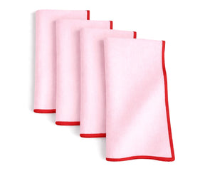 Soft pink cotton napkins with red embroidered border, elegant cloth dinner napkins for festive and modern table décor