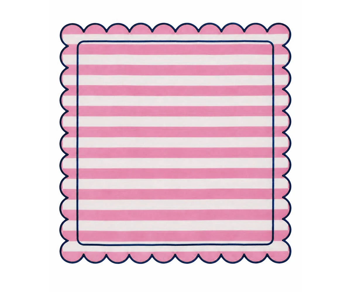 Pink white cabana stripe scalloped cloth napkin with navy edging for spring dining and everyday table decor