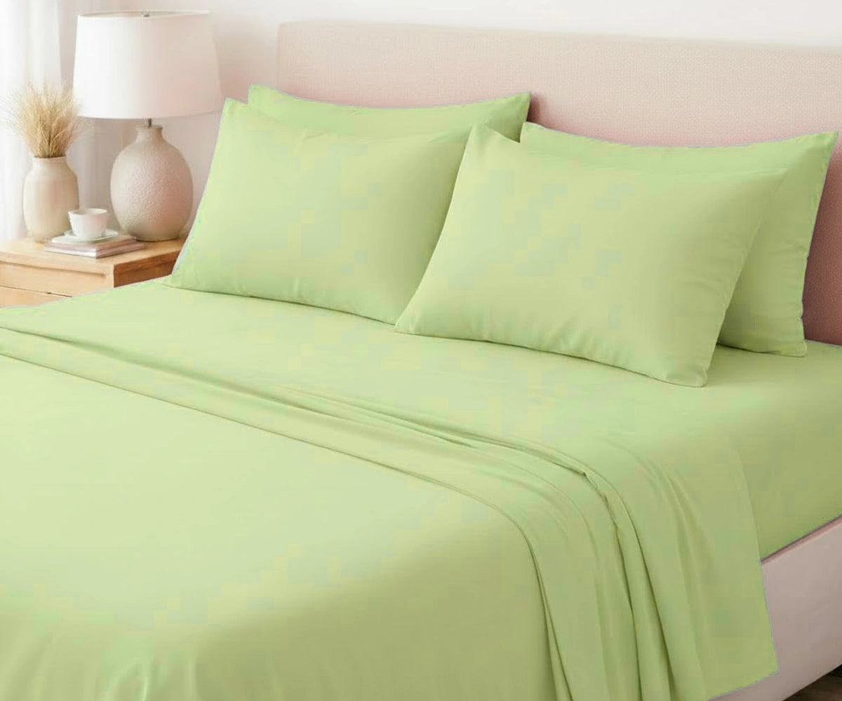 Pistachio green European flax linen sheet set, trendy breathable luxury bedding for minimalist bedroom