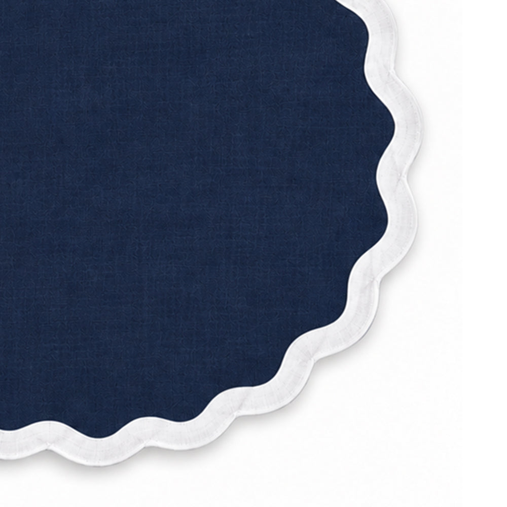 Solid navy blue cotton placemat with contrasting white scalloped edge trim,