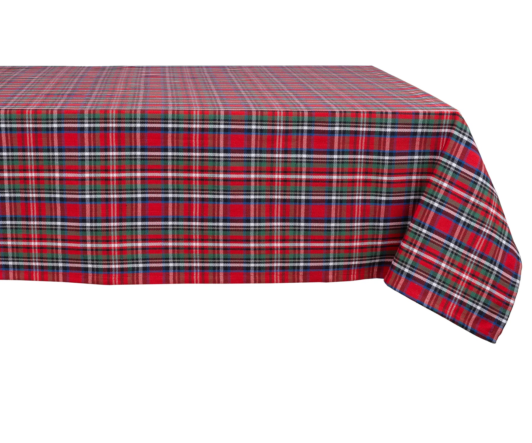 Red and green tartan plaid cotton tablecloth on dining table