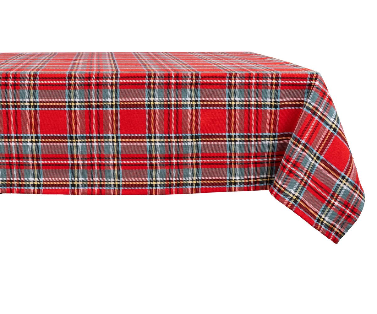 Red tartan plaid cotton tablecloth with green, navy, and yellow checks on a rectangular dining table
