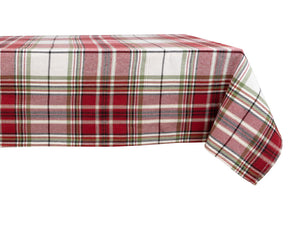 Classic red plaid fabric tablecloth with green and white checks, made of cotton