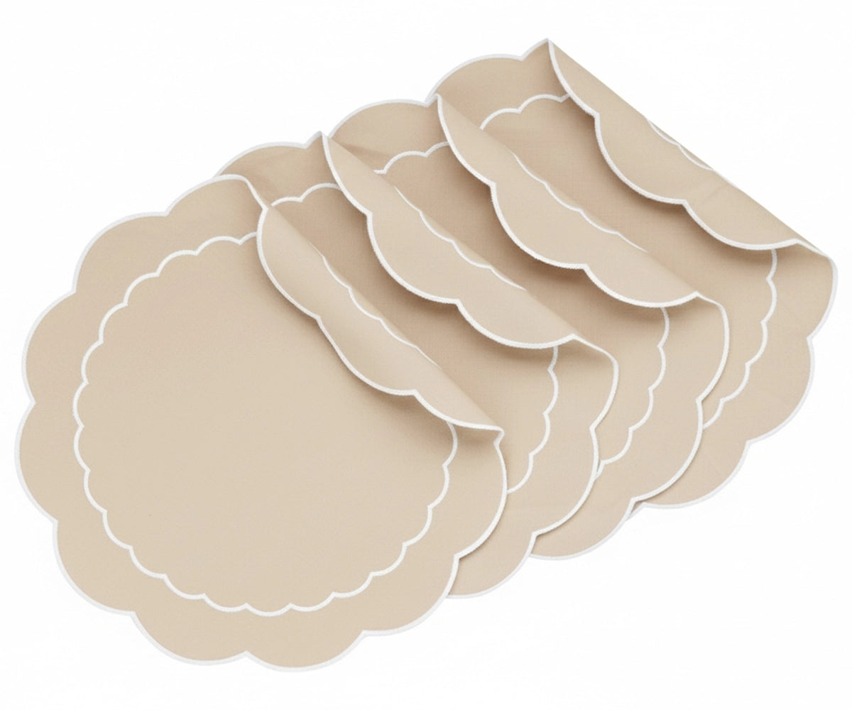 Beige cotton round scallop placemat for dining table