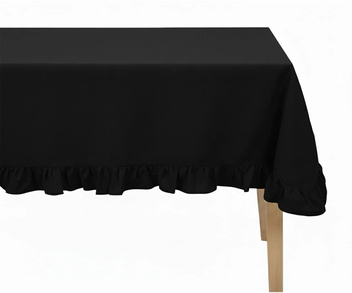 Black round cotton tablecloth with ruffle edge