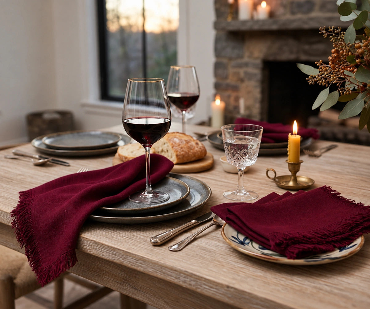 Burgundy cotton fringe napkins with elegant frayed edge detailing, reusable fabric dinner napkins for wedding receptions, holiday tablescapes, rustic farmhouse décor, formal dining, and sustainable entertaining.