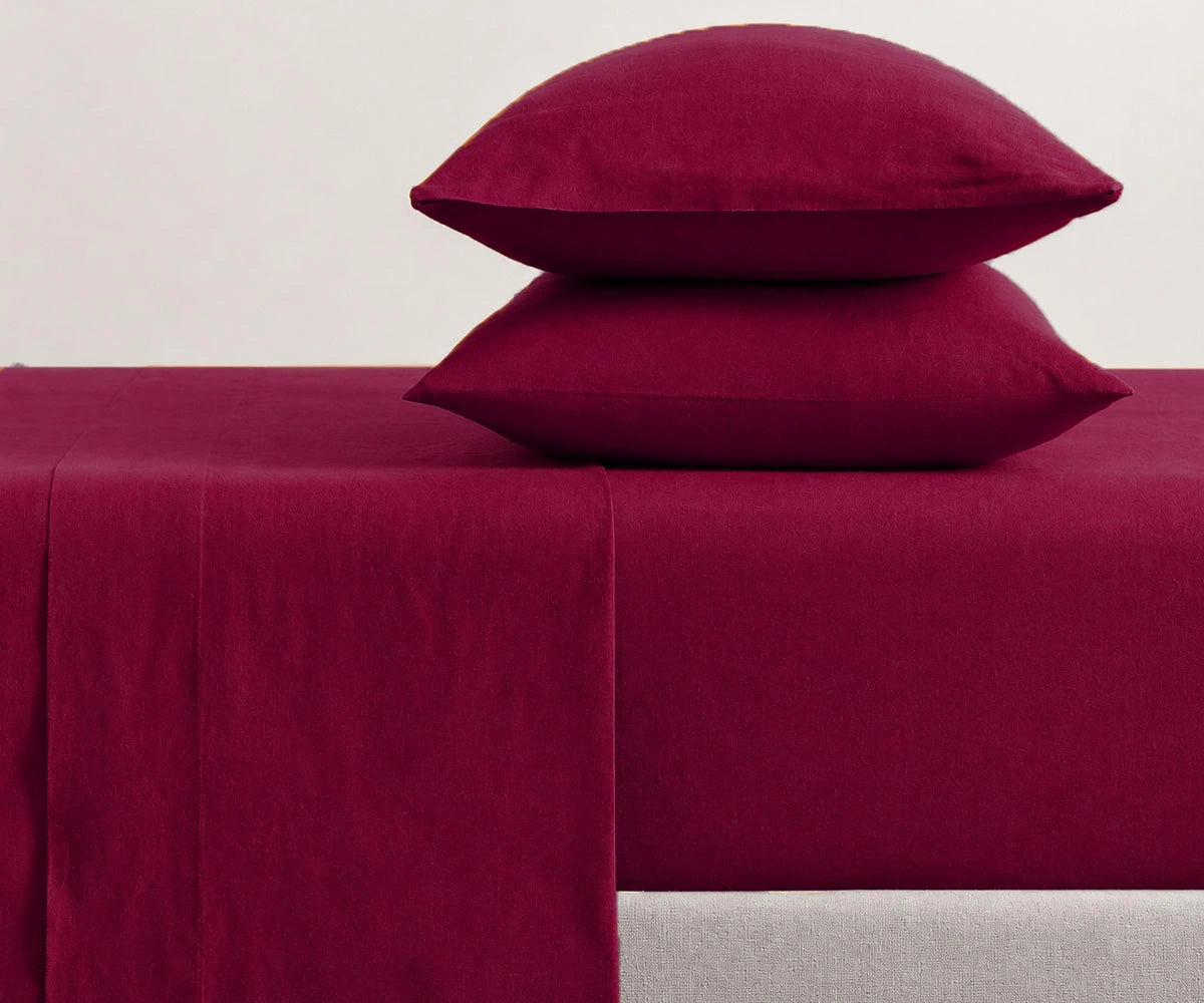 Burgundy European linen fitted sheet set with deep pockets made from premium flax linen, breathable luxury fitted bedding