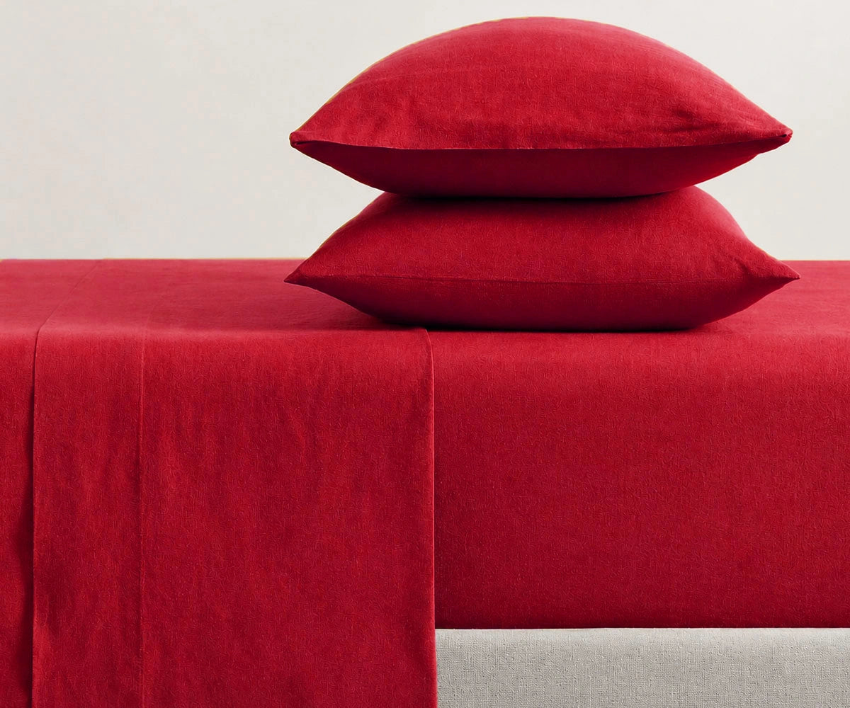 Buy Cherry Red 100% linen fitted sheet set with deep pocket design, soft pre-washed European flax linen fitted sheet for year-round luxury bedding