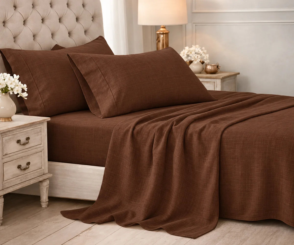 Solid chocolate brown plain cotton bedding set styled on a bed in an elegant bedroom.
