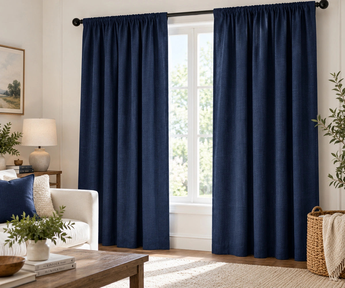 Pair of blue plain cotton curtains hanging on a dark rod in a bright living room.
