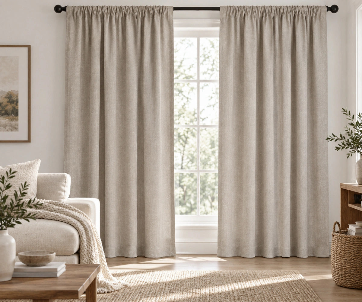 Pair of flax  plain cotton curtains hanging on a dark rod in a bright living room.