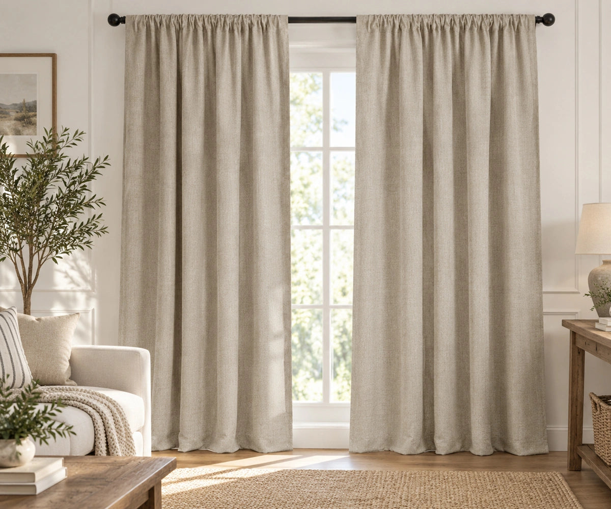 Pair of flax beige plain cotton curtains hanging on a dark rod in a bright living room.