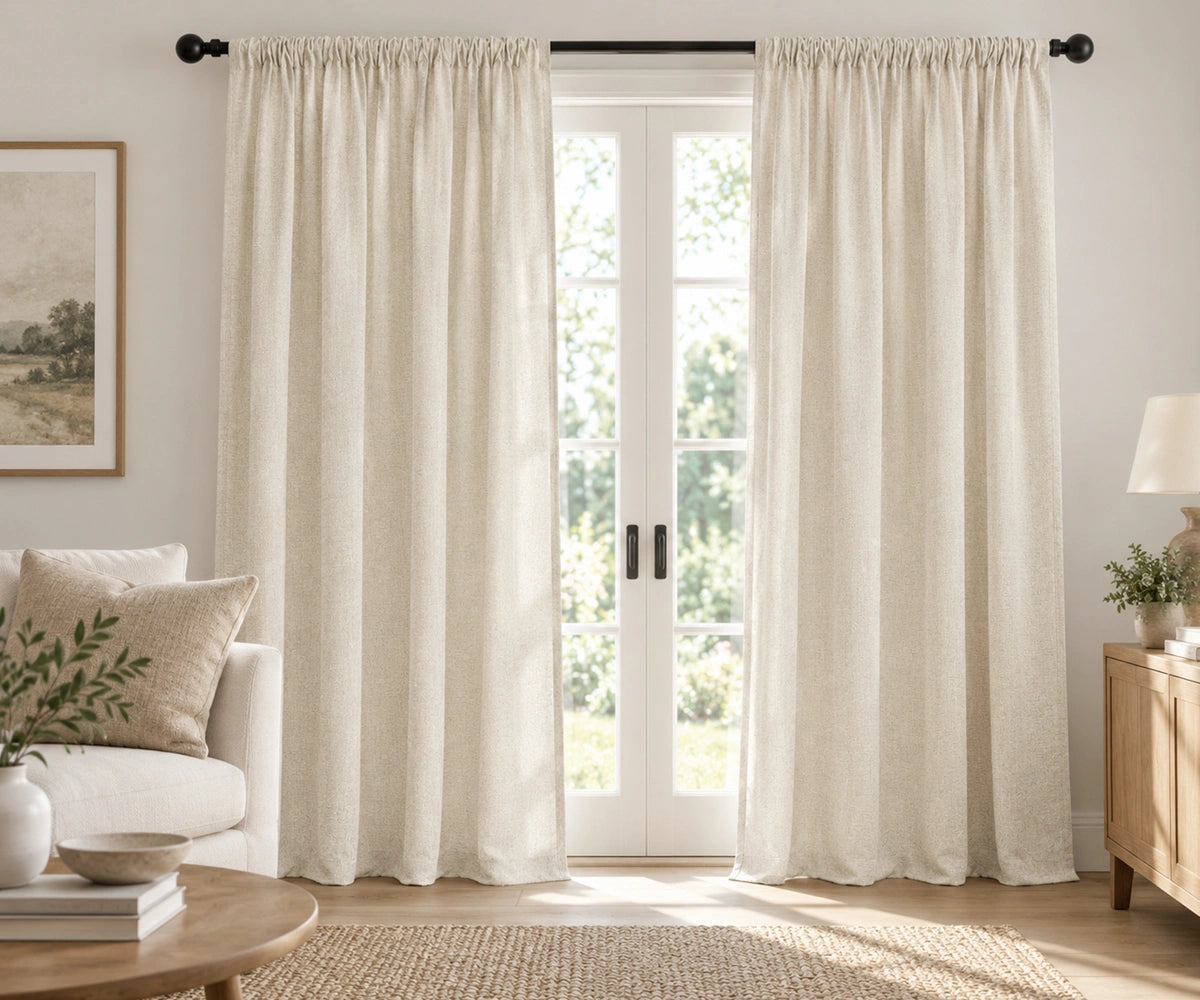 Pair of ivory  plain cotton curtains hanging on a dark rod in a bright living room.