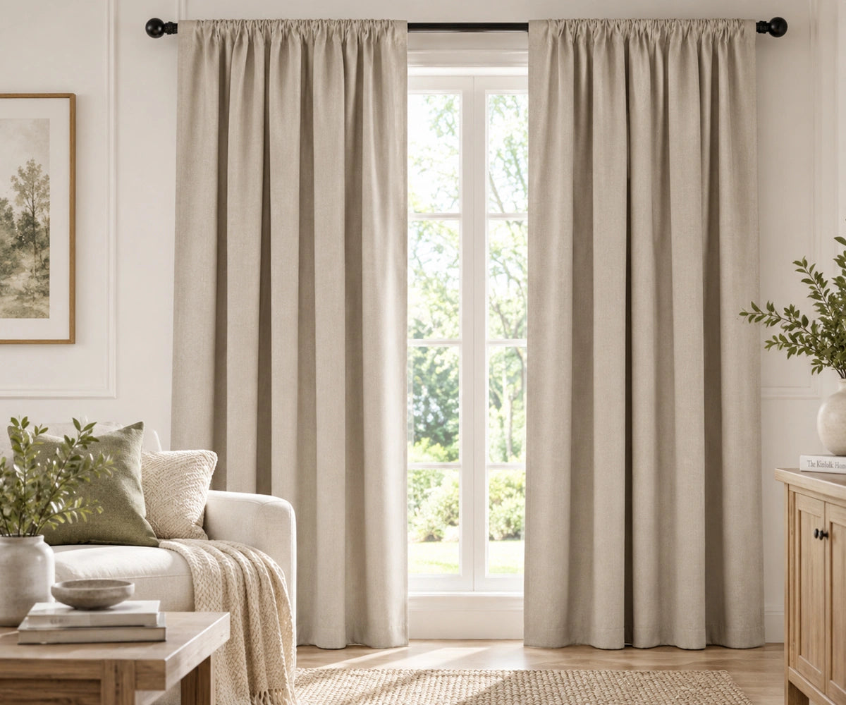 Pair of flax natural plain cotton curtains hanging on a dark rod in a bright living room.