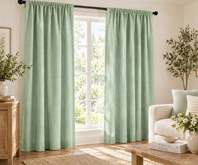 Pair of sage green plain cotton curtains hanging on a dark rod in a bright living room.