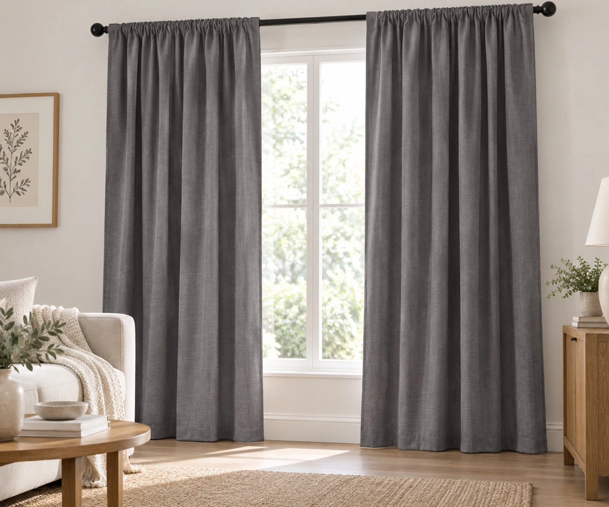 Pair of storm plain cotton curtains hanging on a dark rod in a bright living room.