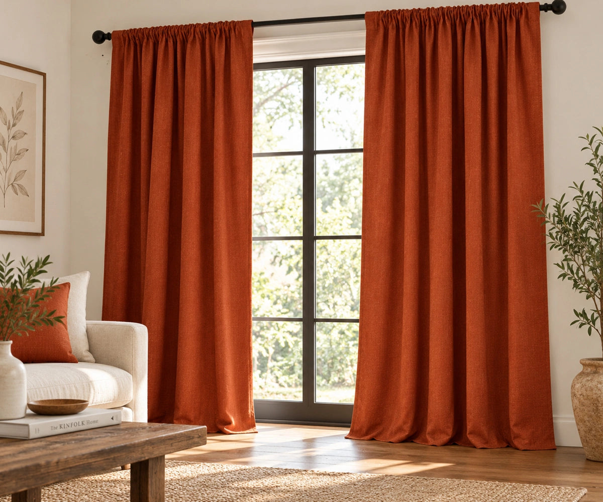 Pair of terracotta plain cotton curtains hanging on a dark rod in a bright living room.