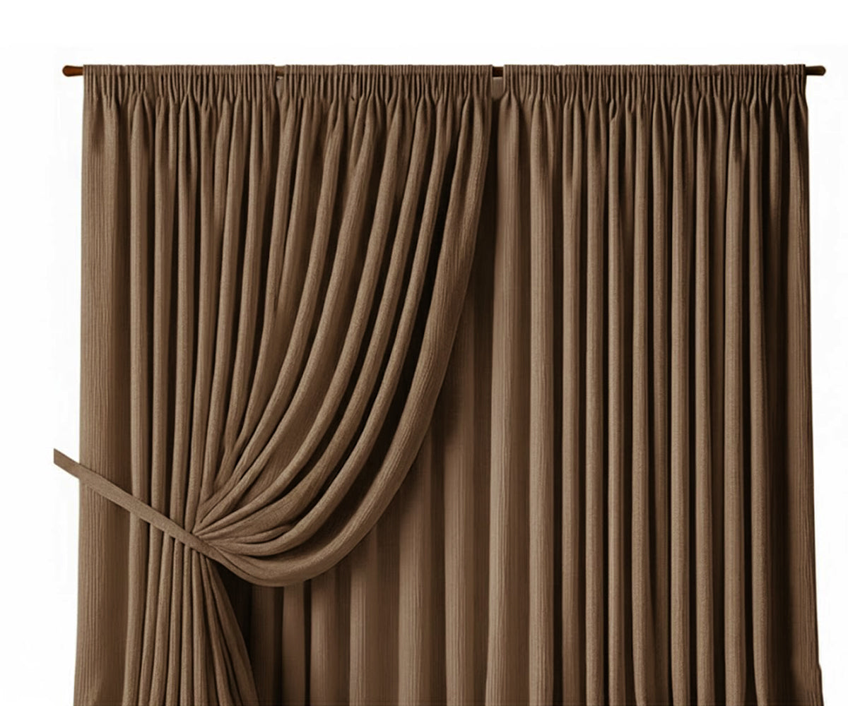 Dark Beige curtains with tieback in bright living room window