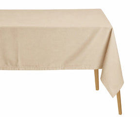 Beige rectangular dining tablecloth with hemstitched detailing for everyday meals, parties, and holidays