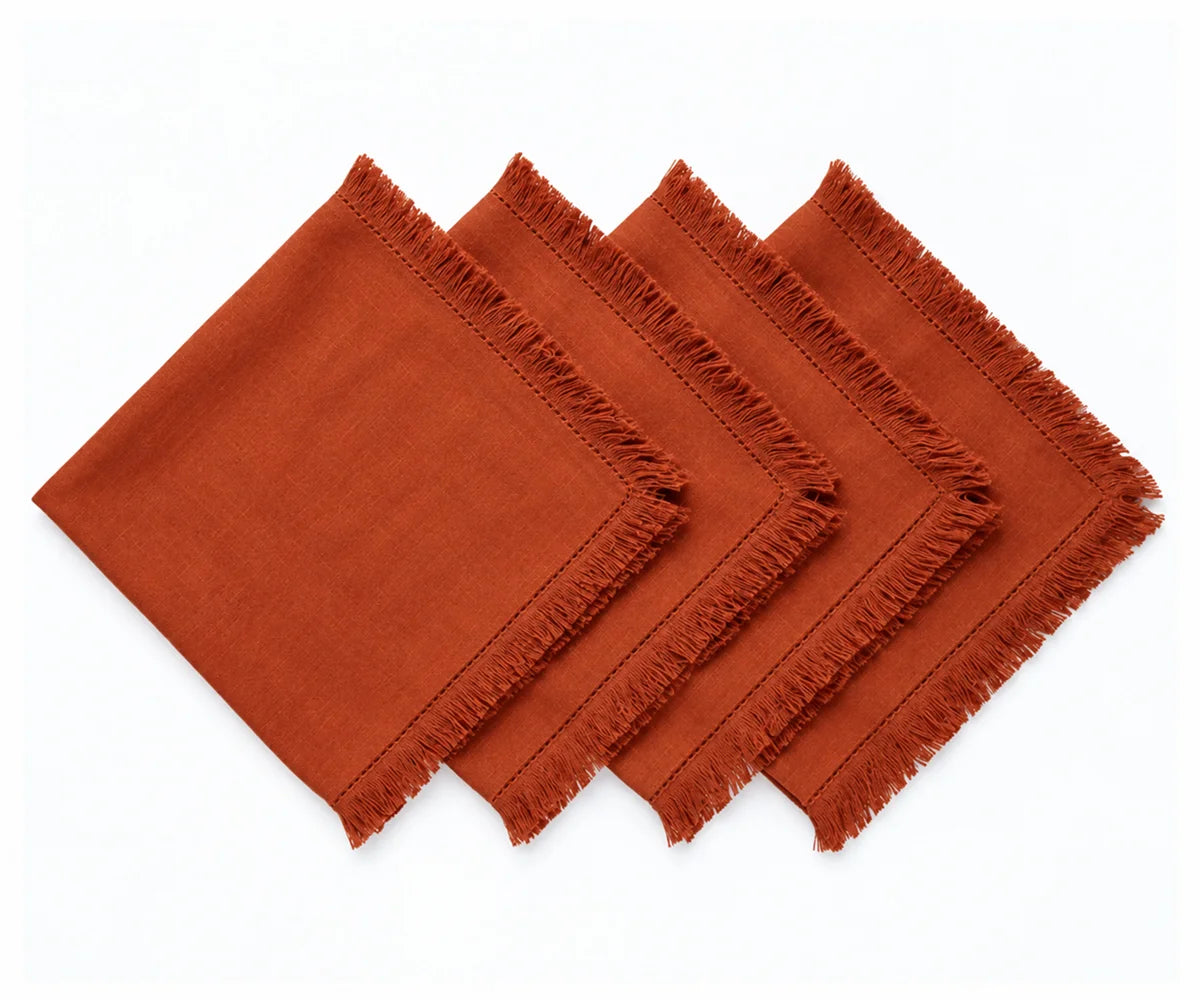 Set of rust cotton dinner napkins with fringed edges for fall, Thanksgiving, wedding and rustic table