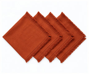 Set of rust cotton dinner napkins with fringed edges for fall, Thanksgiving, wedding and rustic table