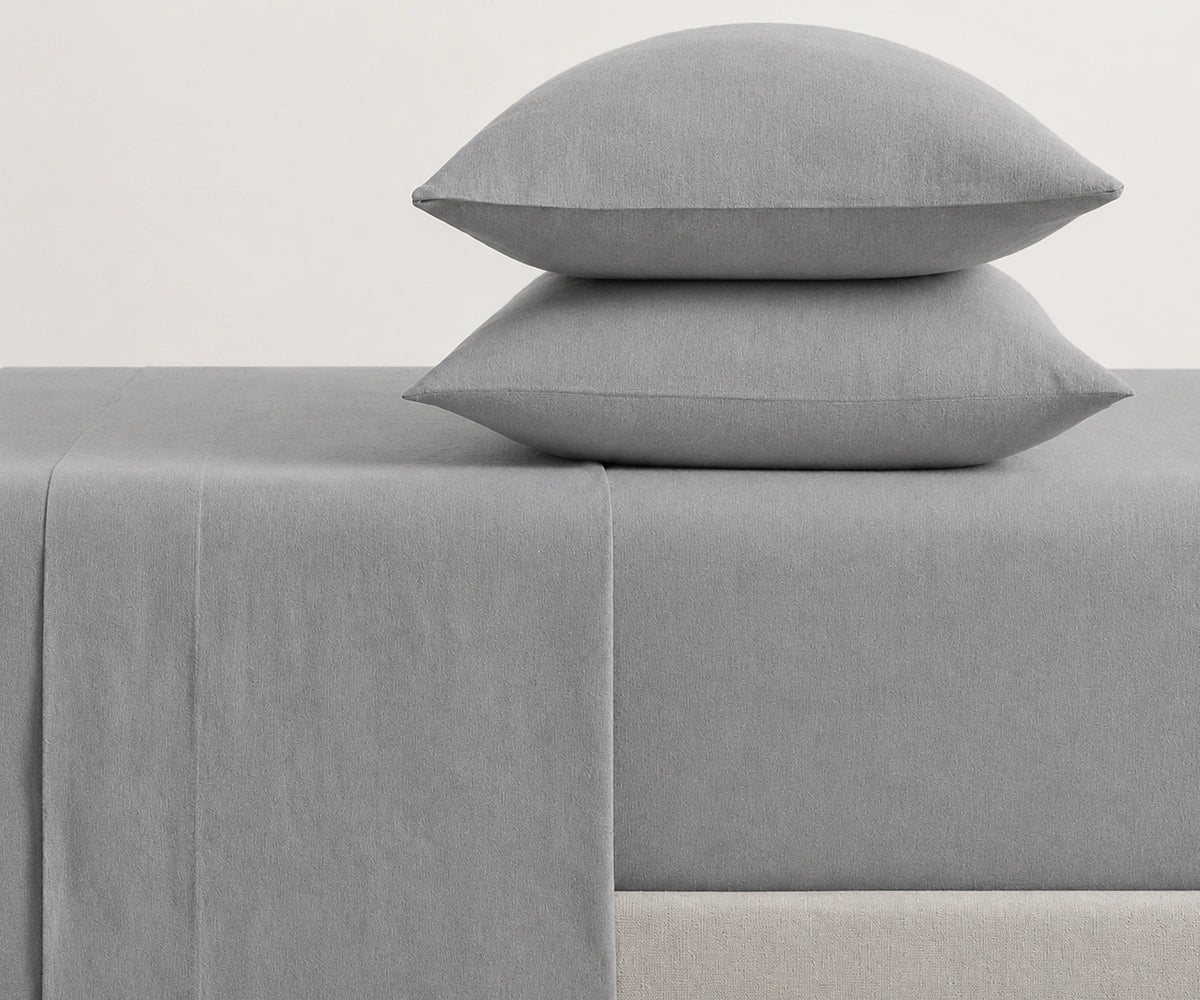 Grey European linen fitted sheet set made from premium flax linen with deep pockets, breathable fitted bedding for everyday luxury
