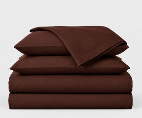 Dark brown European flax linen sheet set, earthy luxury bedding with breathable stonewashed linen fitted sheet