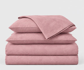 Dusty mauve linen bedding set in stonewashed finish, soft textured linen duvet cover set, breathable natural bedding collection