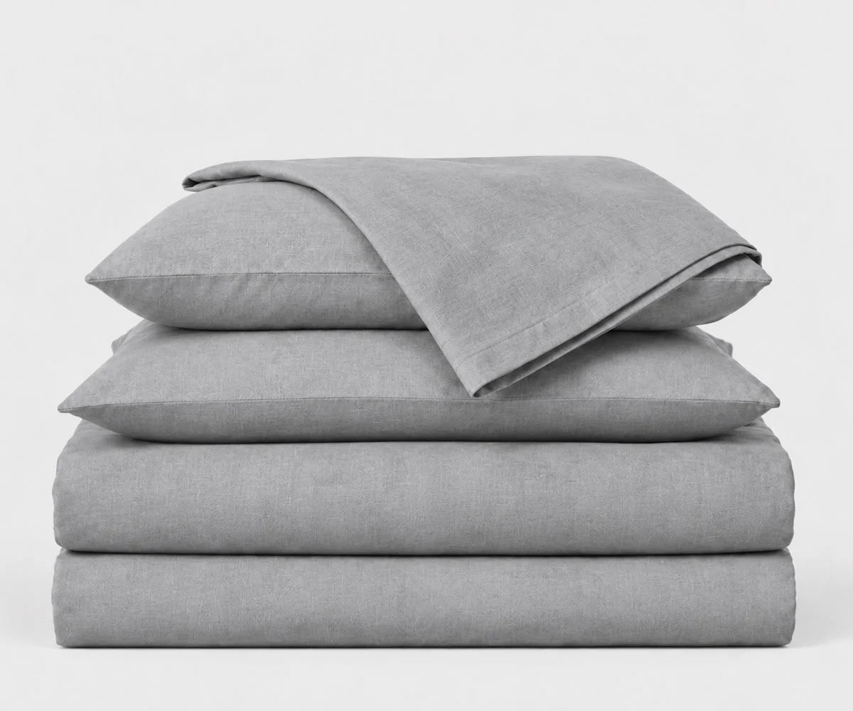 Soft gray European flax linen bedding set with cooling linen sheets and pillowcases for modern bedrooms