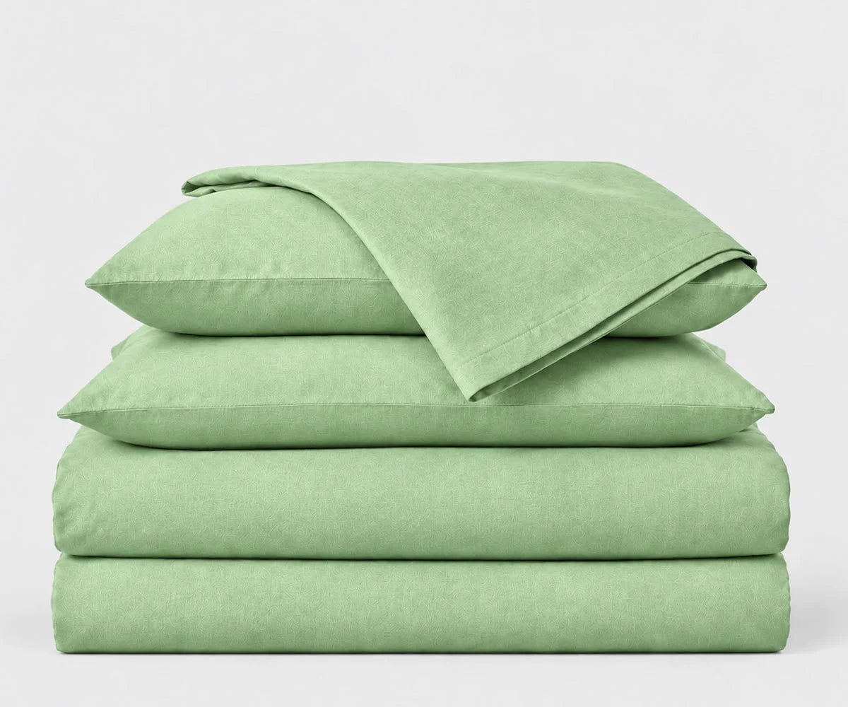 Matcha green linen bedding set made from 100% European flax, trendy breathable luxury sheet set for minimalist bedroom styling
