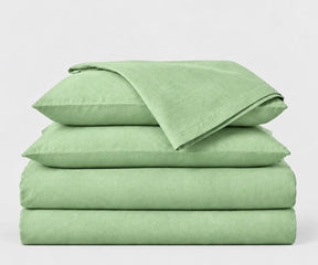 Matcha green linen bedding set made from 100% European flax, trendy breathable luxury sheet set for minimalist bedroom styling