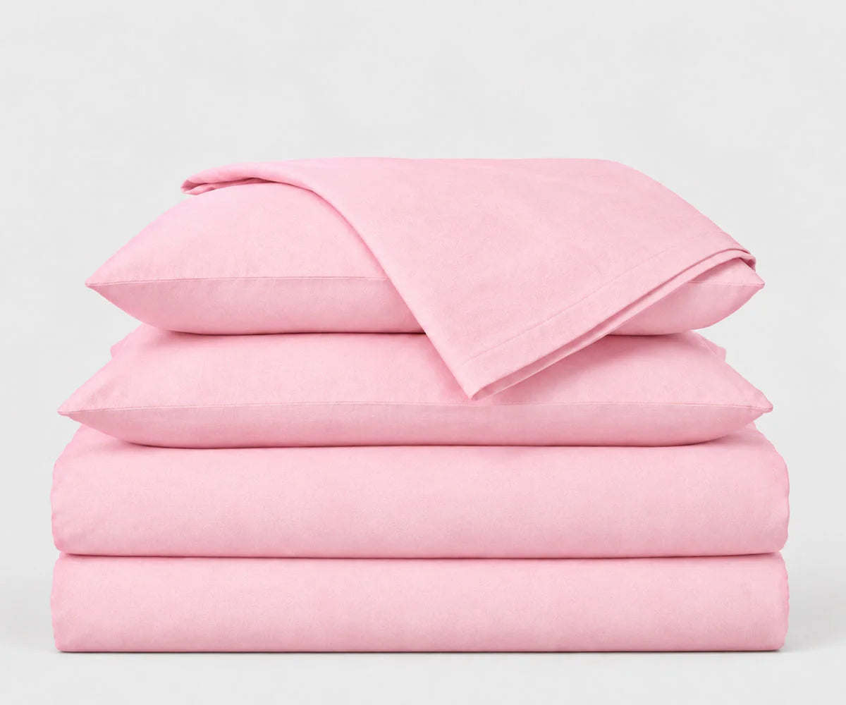 Pastel pink linen bedding set made from 100% European flax, soft luxury breathable sheets for romantic and modern bedroom decor