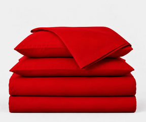 Red European Linen bedding Cover Set featuring deep-pocket fitted sheet and matching pillowcases