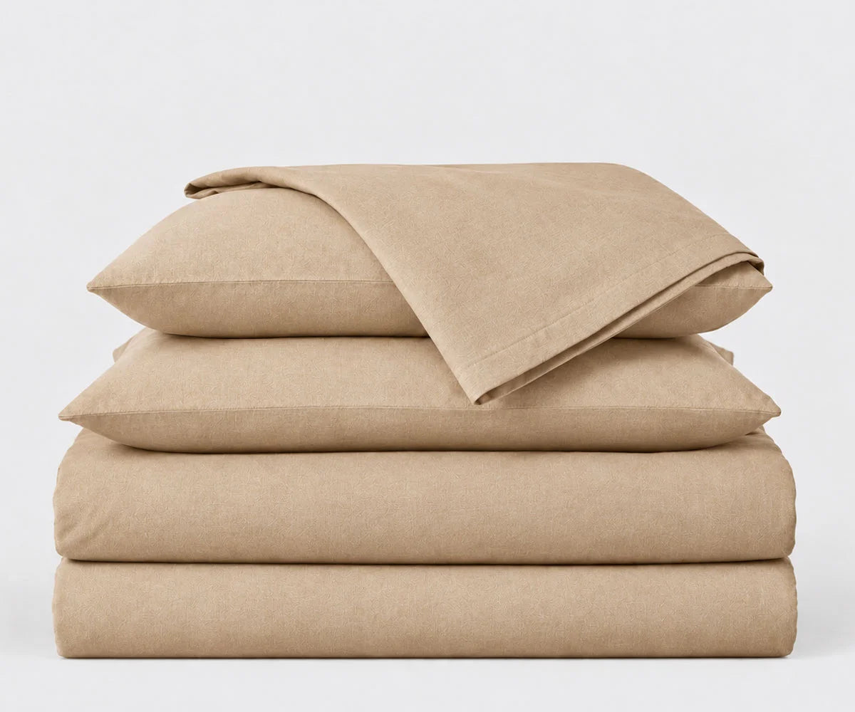 Warm beige European flax linen bedding set with deep pocket fitted sheet, breathable luxury linen sheets for king and queen beds, neutral modern bedroom decor