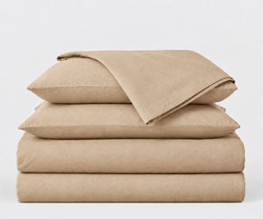 Warm beige European flax linen bedding set with deep pocket fitted sheet, breathable luxury linen sheets for king and queen beds, neutral modern bedroom decor