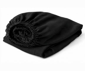 Black European flax linen fitted sheet with deep pocket fit, premium 100% linen bedding offering natural breathability and lasting softness.