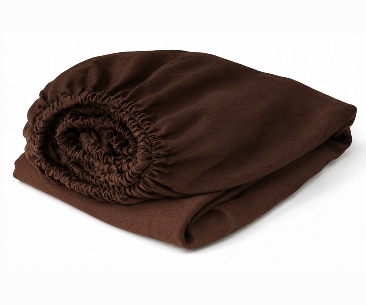 Brown luxury linen fitted sheet made with 100% European flax linen, deep pocket breathable bedding for queen, king, twin, and California king beds.