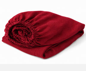 Cherry Red European linen fitted sheet made from 100% flax linen with deep pockets, breathable luxury bedding for queen, king, twin, and California king mattresses.